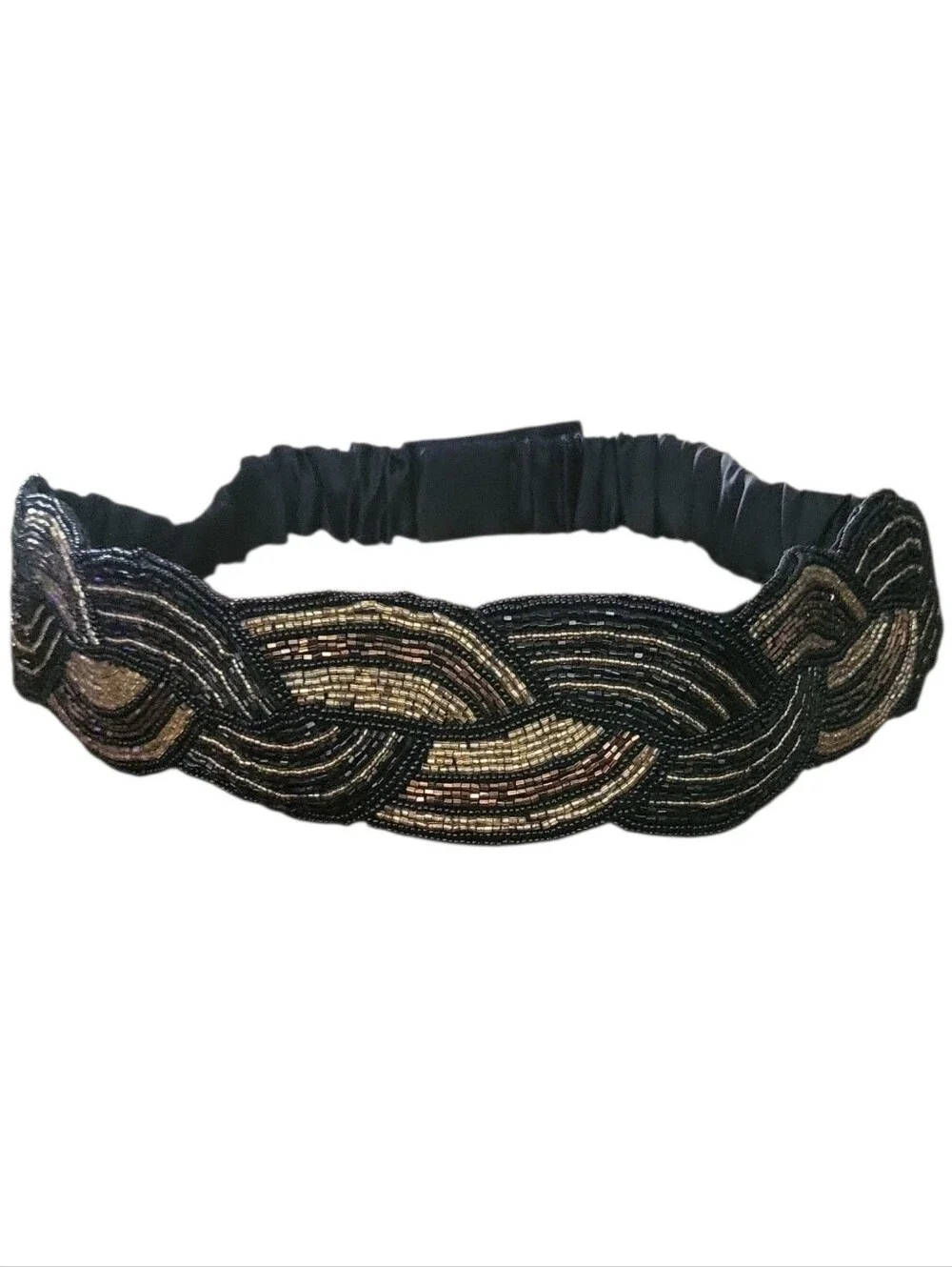 Vintage 90's Y2K Magid Black Satin Gold & Copper Beaded Statement Stretch Belt L